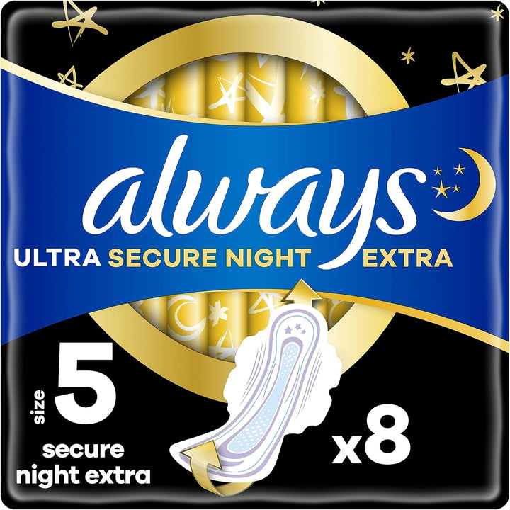 Ultra Sanitary Towels Secure Night Extra (Size 5) with Wings 18 Pads, Super Absorbent and Ultra Thin, for Menstrual Periods, Pack of 4