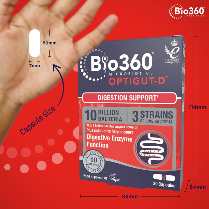 Bio360 Optigut-D Probiotic 10 Billion Live Bacteria - High Strength Vegan Digestive Gut Health Support - Gut Health Supplement for Adults & Kids - Gluten Free, Non-Gmo - 30 Capsules