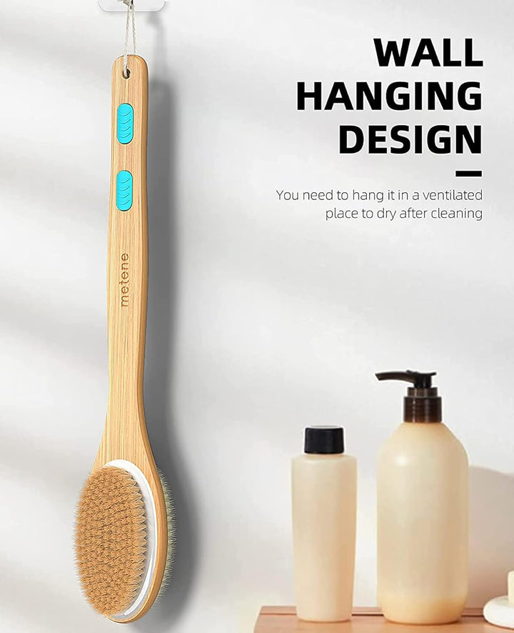 Back Scrubber for Shower, Shower Brush for Exfoliating Skin and a Soft Scrub, Double-Sided Body Brush Head for Wet or Dry Brushing, Long Wooden Handle Cleans the Body Easily
