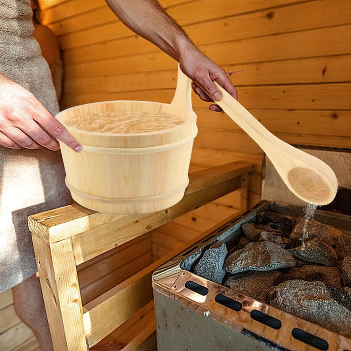 Wooden Bucket and Ladle Set,4L Capacity Sauna Water Bucket,With Handle and Plastic Insert,Wood Ladle Kit Barrel Set Accessories,For Home-Sauna/Steam Room
