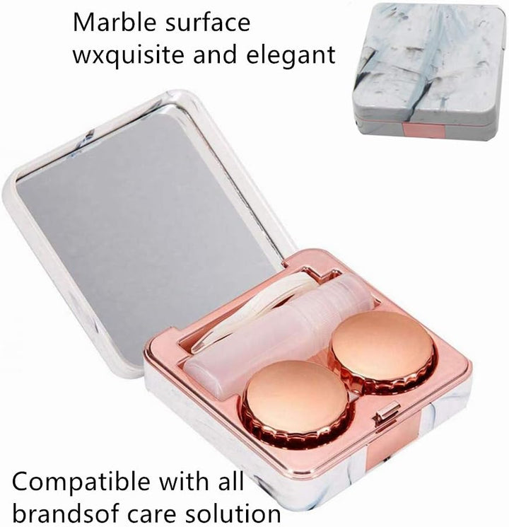 Marble Contact Lens Case - Travel Mini Companion Box with Portable Invisible Mirror (Marble Series Rose Gold)