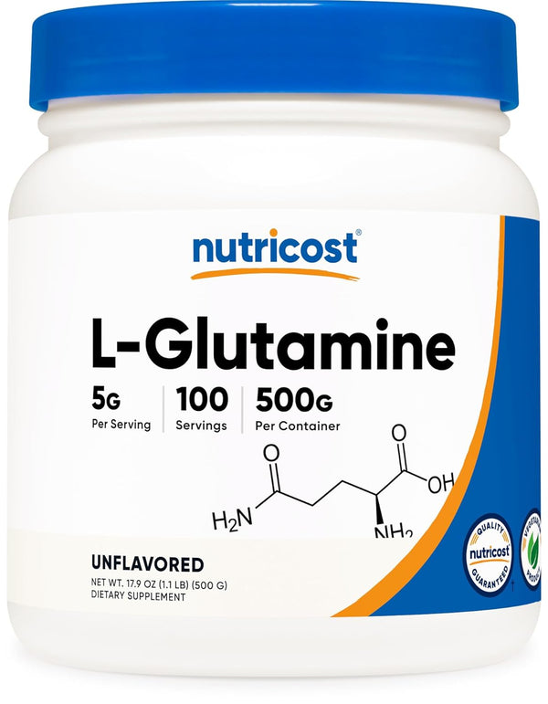 L-Glutamine Powder (500 Grams) Unflavoured - Gluten Free & Non-Gmo, 100 Servings