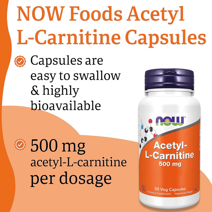 Foods, Acetyl-L-Carnitine, 500Mg, 50 Vegan Capsules, Lab-Tested, Amino Acid, Gluten Free, SOYA Free, Vegetarian