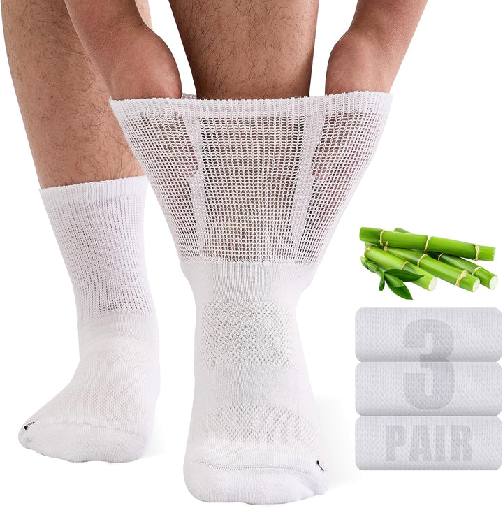 Bamboo Diabetic Socks for Men, Soft Top Cushioned Seamless Socks for Swollen Feet and Ankles, Loose Top Hospital Socks 3 Pairs