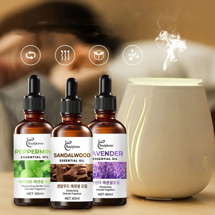 Pure Therapeutic Essential Oil Set - Lavender, Mint & Sandalwood,Aromatherapy Oils for Relaxation, Sleep&Stress Relief,Vegan Friendly, Gift for Massage & Diffuser Use,3X60Ml