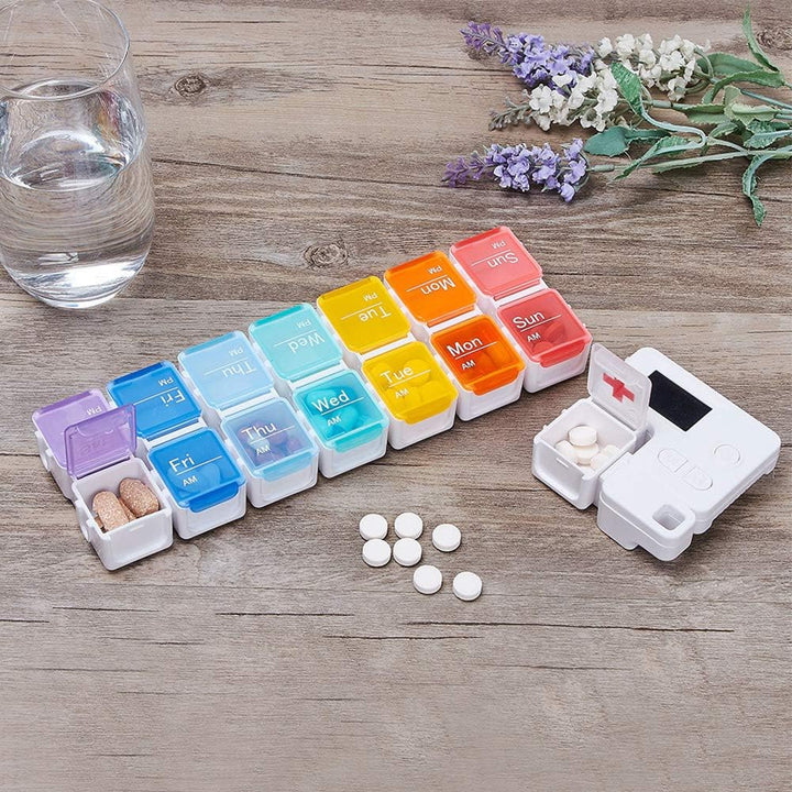 Portable Pill Box with Smart Reminder Alarm, 14 Grids Intelligent Electronic Digital Timer AM and PM Medicine Dispenser, Weakly Pill Organiser for Outdoor Travel Work