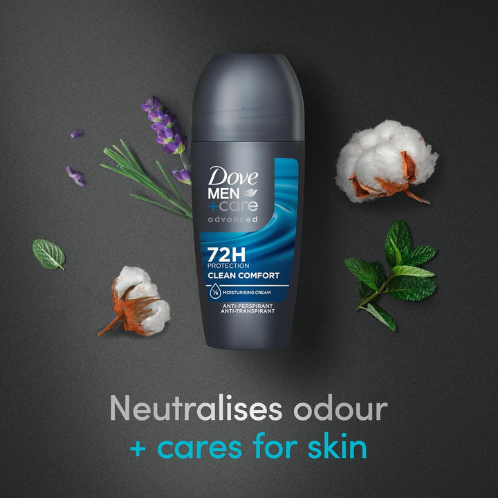 Dove Men+Care Advanced Clean Comfort Men'S Antiperspirant Deodorant Roll on with ¼ Moisturising Cream & Anti-Odour Technology for 72 Hour Protection against Sweat and Odour 50 Ml