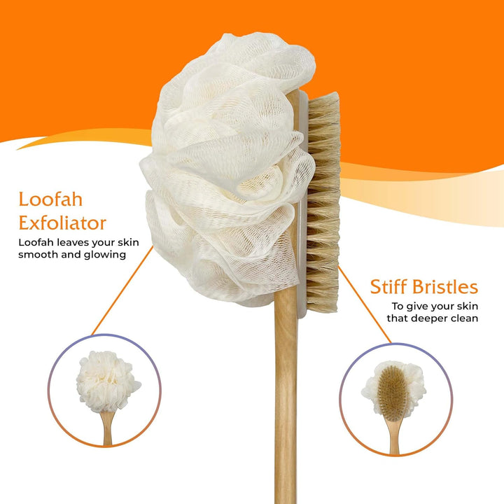 Back Scrubber 43Cm Long Wooden Handle, Double-Sided Shower Brush with Stiff Bristles and Loofah Exfoliates and Massages Skin, Ideal for Men and Women