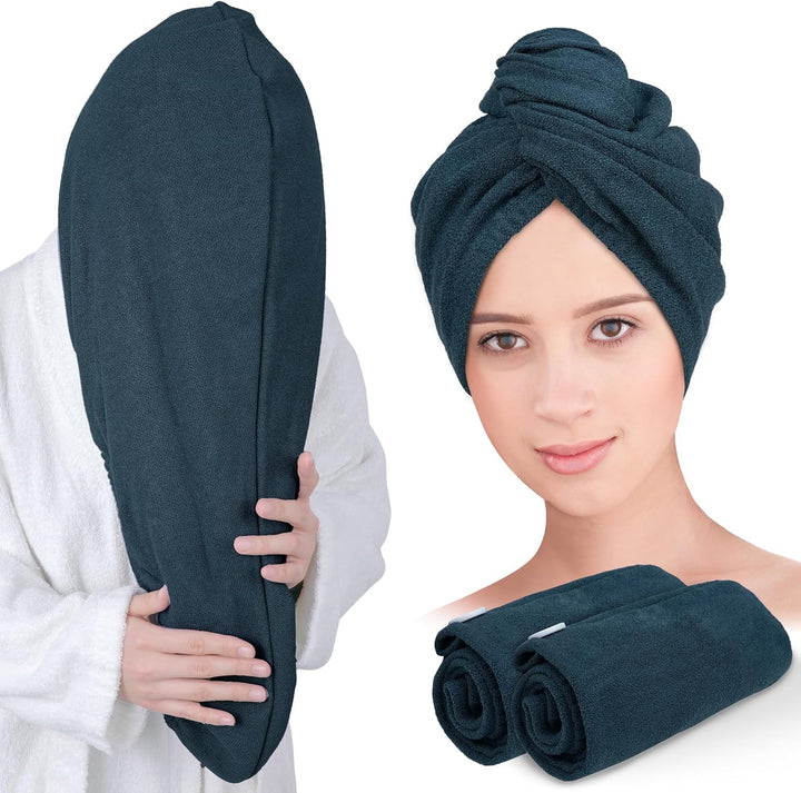 Microfibre Hair Towel Wrap: 2Pack Hair Turban Super Absorbent Rapid Drying Microfiber Towel for Women Curly Long Wet Plopping Hair Girls Head Towelling Large Anti-Frizz (Haze Blue)