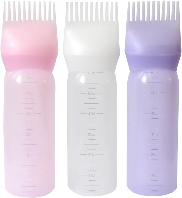 3 Pieces Hair Oil Applicator Bottle Root Comb Hair Dye Brush Applicator Bottle with Graduated 6 Ounce Scale (3 Colors)