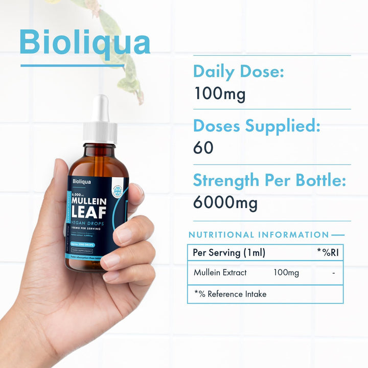 Mullein Leaf Liquid Drops - 60Ml - 2 Month Supply - High Strength - Vegan - 60 Servings - Premium Mullein Leaf Extract - 6,000Mg per Bottle - Fast Absorption - UK Made by Balance (1X Pack)