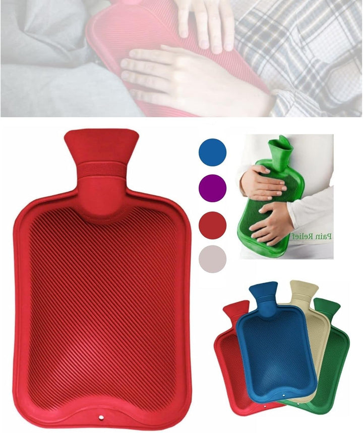 Pack of 2 Hot Water Bottles Natural Rubber Large Hot Water Bottle 2L Large Capacity | Ribbed Hot Water Bag for Pain Relief Secure & Leakproof (Assorted Colours)