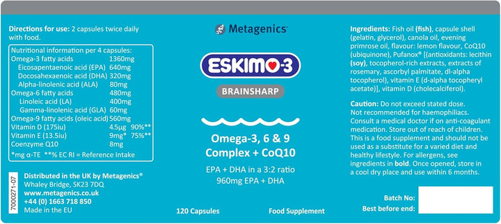 Eskimo-3 Brainsharp Fish Oil by  - Omega-3, 6 & 9 + Coq10 for Memory & Concentration - 960Mg EPA & DHA - Lemon, 120 Capsules