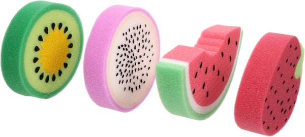 4Pcs Fruit Kids Shower Brushes Baby Bath Ball Shower Sponge Pitaya Watermelon Strawberry Kiwi Scrubbers for Baby Toddler Kids Bathing