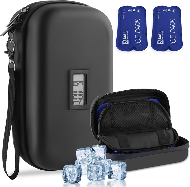 Insulin Cooler Travel Case TSA Approved Refrigerated Medicine Cooler for Travel W/Thermometer Temperature Diabetic Travel Case W/2 Reusable Ice Packs for Daily Life Trip, Blue