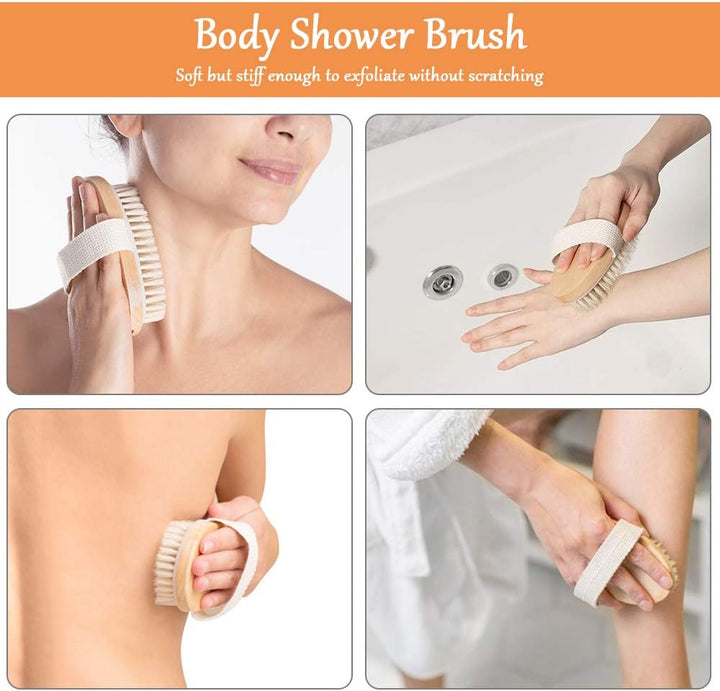 Body Brush, Natural Bristle Shower Brush, Dry Brushing Back Scrubber for Exfoliating, Massage, Improve Blood Circulation Cellulite