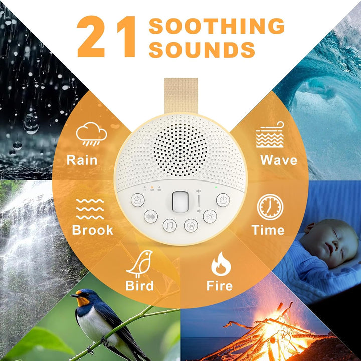 White Noise Machine, Portable Sleep Aid Sound Machine with Night Light 21 Soothing Sounds for Baby and Adults, 1800Mah Battery, Sleep Machines Memory Function, Travel Gift USB Rechargeable