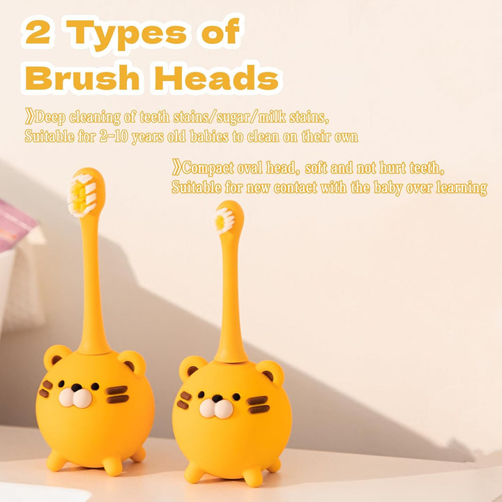 Snoic Rechargeable Kids Electrical Toothbrush with Cup, Smart Powerful Cute Tiger Girls Boys Toothbrushes with 2-Min Timer 3 Modes for 2-10Y Children Birthday Gifts