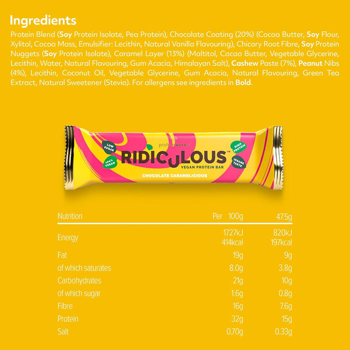 Ridiculous Vegan Protein Bar - Award Winning, Chocolate Caramelicious, 9 Bars, 100% Plant Based & Palm Oil Free, High Protein - Protein Works