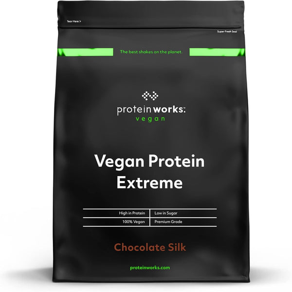 Protein Works - Vegan Protein Extreme, Added Vitamin Blend, Vegan Protein Powder, Plant Based Protein Shake, 28 Servings, Chocolate Silk, 1Kg