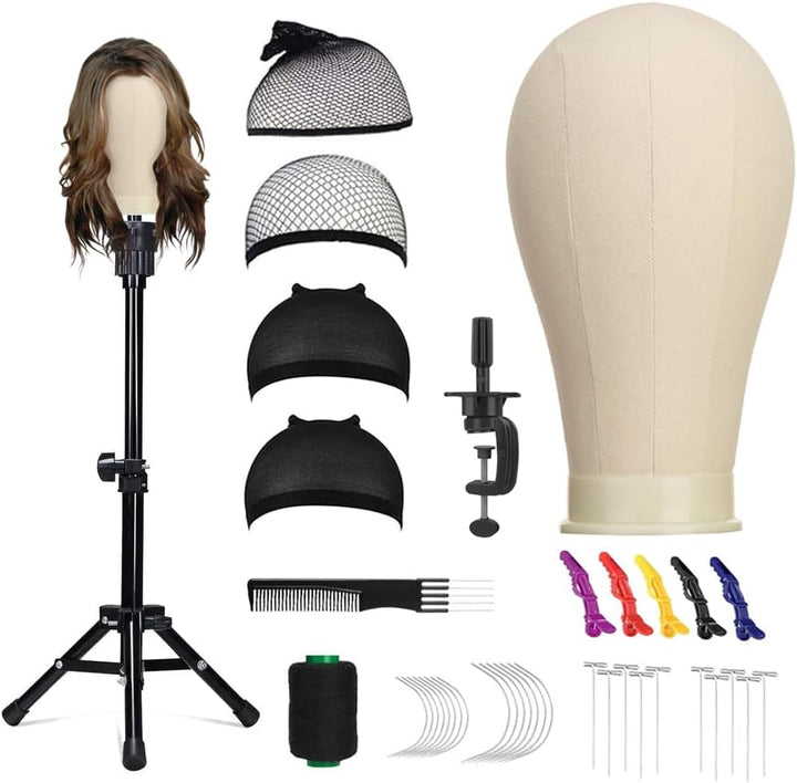 23 Inch Canvas Mannequin Head Block for Wig Making & Display, Tripod Stand with Wig Caps, T & C Pins Set, Bristle Brush