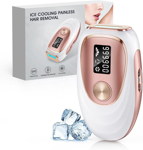 IPL Laser Hair Removal Device for Women and Men, Ice Cooling Painless Hair Remover Machine for Salon Quality Long Lasting Results at Home, for Face, Bikini Line, Armpit, Leg, Body, Pink