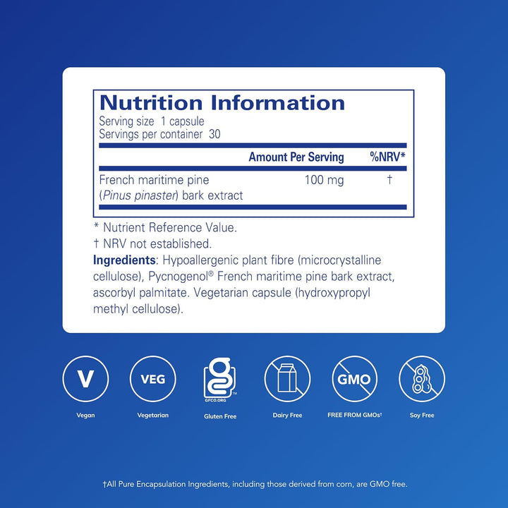 Pycnogenol 100Mg - Premium Maritime Pine Bark Extract Supplement - 30 Vegetarian Capsules