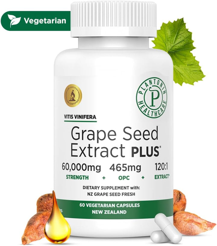 Grape Seed Extract Capsules, 465 Mg – Polyphenols Supplement for Optimal Blood Flow & Kidney Support | 60 Capsules with 93% Opcs – 60,000Mg Strength, GMO & Gluten-Free