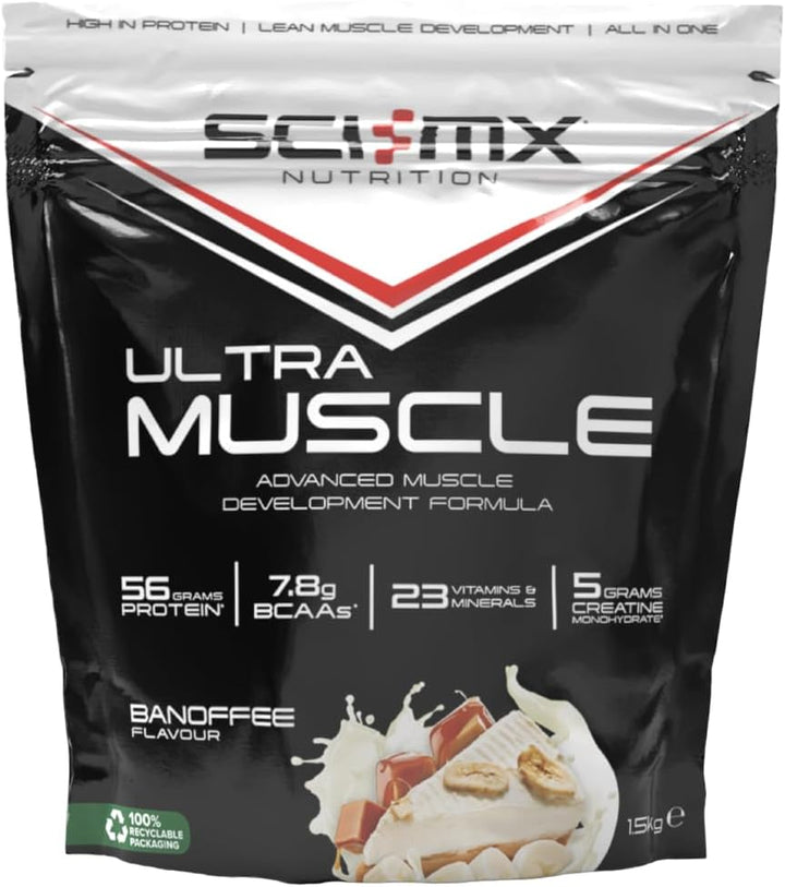 Ultra Muscle - Protein Powder for Muscle Development + 23 Vitamins & Minerals - Strawberry • 5G Creatine + 7.8G Bcaas per Serving • 1.5Kg