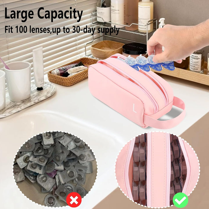 Daily Contact Lens Organizer Case,Portable Contact Lens Storage Case,Travel Contact Lens Storage Case with Clearly Labeled R & L,Storage up to 100 Lenses (Pink)