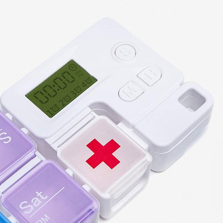 Portable Pill Box with Smart Reminder Alarm, 14 Grids Intelligent Electronic Digital Timer AM and PM Medicine Dispenser, Weakly Pill Organiser for Outdoor Travel Work