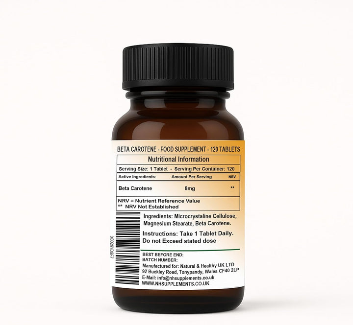 Beta Carotene 8Mg - Source of Provitamin a - 120 Tablets - Suitable for Vegans