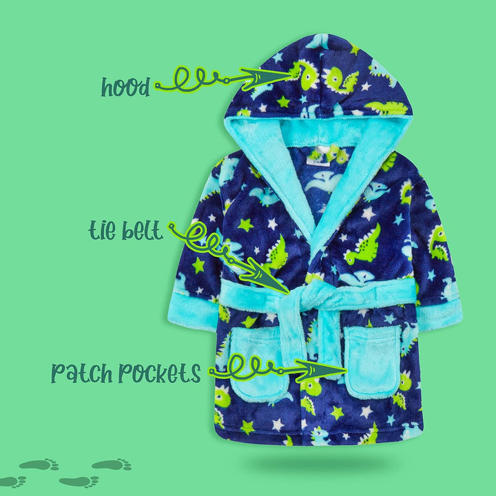 Baby Boys Dino Dressing Gown Hooded Bathrobe Kimono Robe Dinosaur Print Size 6-24 Months