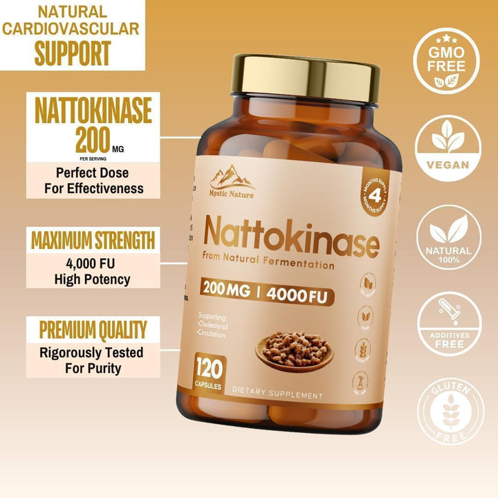 Nattokinase 120 Capsules | 200 MG 4000 FU per Capsule | 100% Natural Vegan Non-Gmo | Protein Enzyme from Japanese Natto | New & Improved Formula | 4 Months Supply