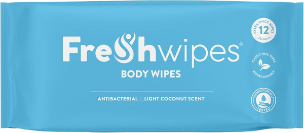 Antibacterial Body Wet Wipes for Adults 1 Pack (12 Wipes) - Coconut Scent - Extra Large Biodegradable - Dermatologically Tested & Suitable for the Elderly or Disabled - Great for Camping