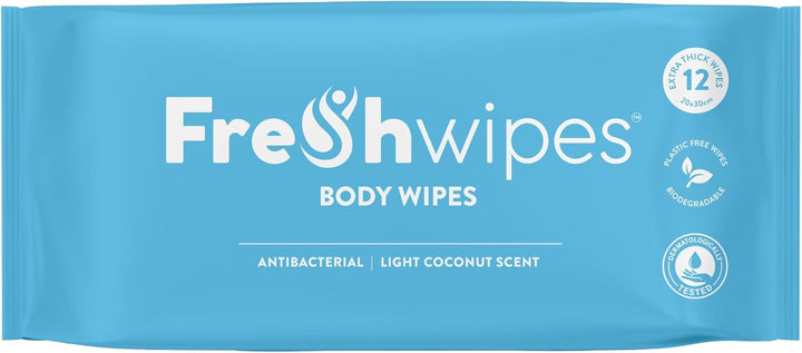 Antibacterial Body Wet Wipes for Adults 1 Pack (12 Wipes) - Coconut Scent - Extra Large Biodegradable - Dermatologically Tested & Suitable for the Elderly or Disabled - Great for Camping
