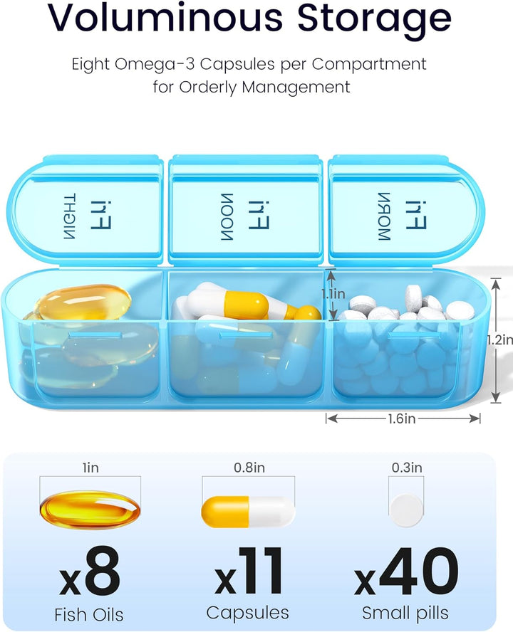 Weekly Pill Box 7 Day 3 Times a Day (Morn/Noon/Night), Daily Portable Travel Pill Box Organiser, Tablet Organiser with Large Compartments, Hold for Fish Oils, Vitamins, Supplements (Black)