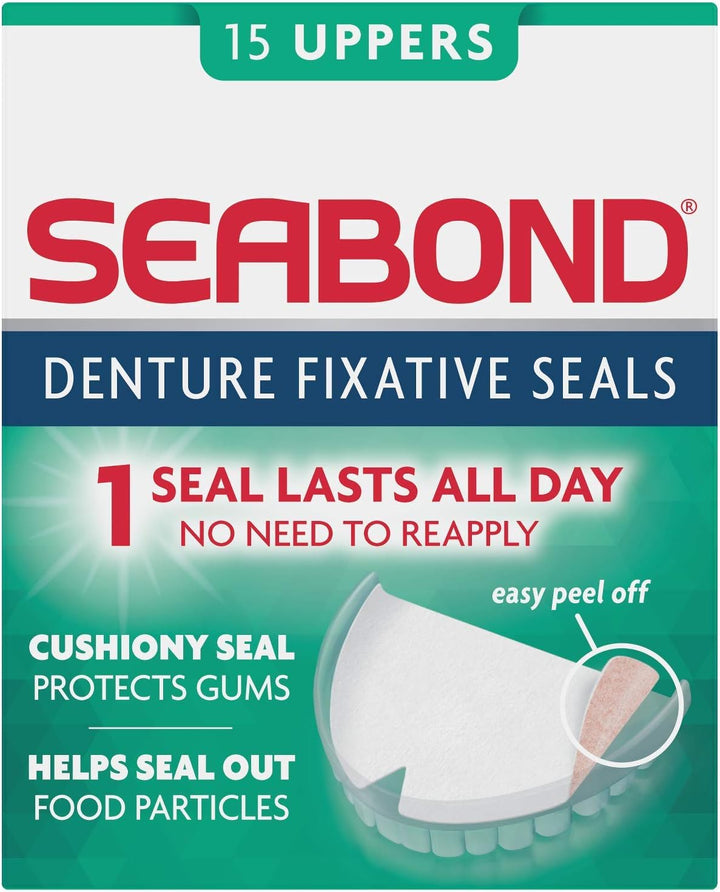 Denture Fixative Seals, Soft Adhesive Cushion, Last All Day, Protect Gums & Help Seal Out Food Particles, 30 Uppers