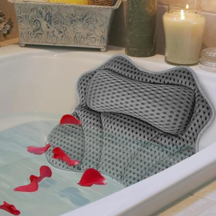 Bath Pillow 4D Luxury Bath Spa Pillow Neck and Back Support, Bathtub Headrest Cushion Pillow Non-Slip with Suction Cups (A)
