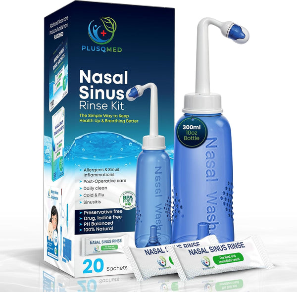 Nasal Rinse Kit – 300Ml Bottle + 20 Saline Packets – Neti Pot for Sinus Relief & Nasal Hygiene – PH Balanced, Drug-Free, Preservative-Free – Suitable for Adults & Children 5+