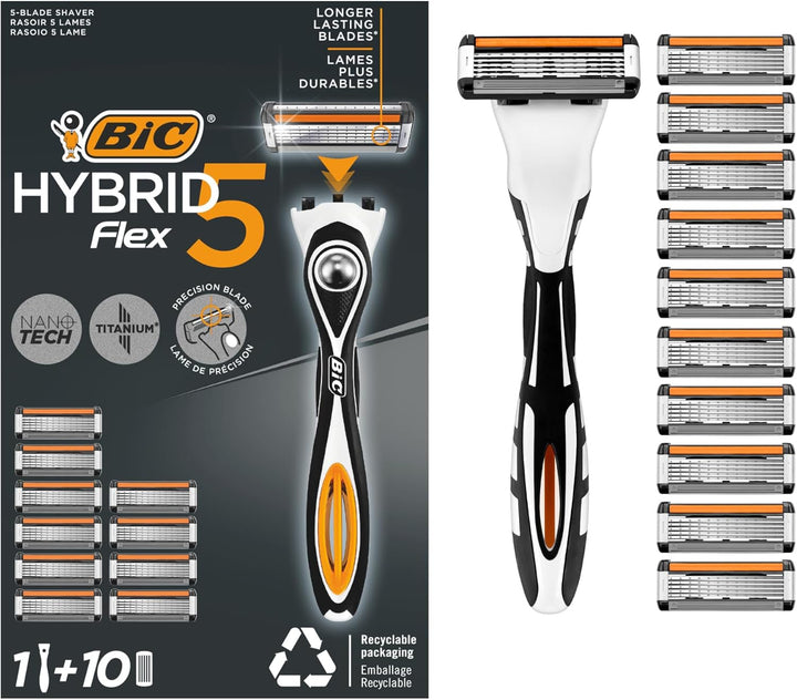 Hybrid 5 Flex Refillable Men'S Razor, 1 Weighted Handle and 10 Nano-Tech Titanium 5-Blade Refills with Precision Blade - Bundle of 1+10