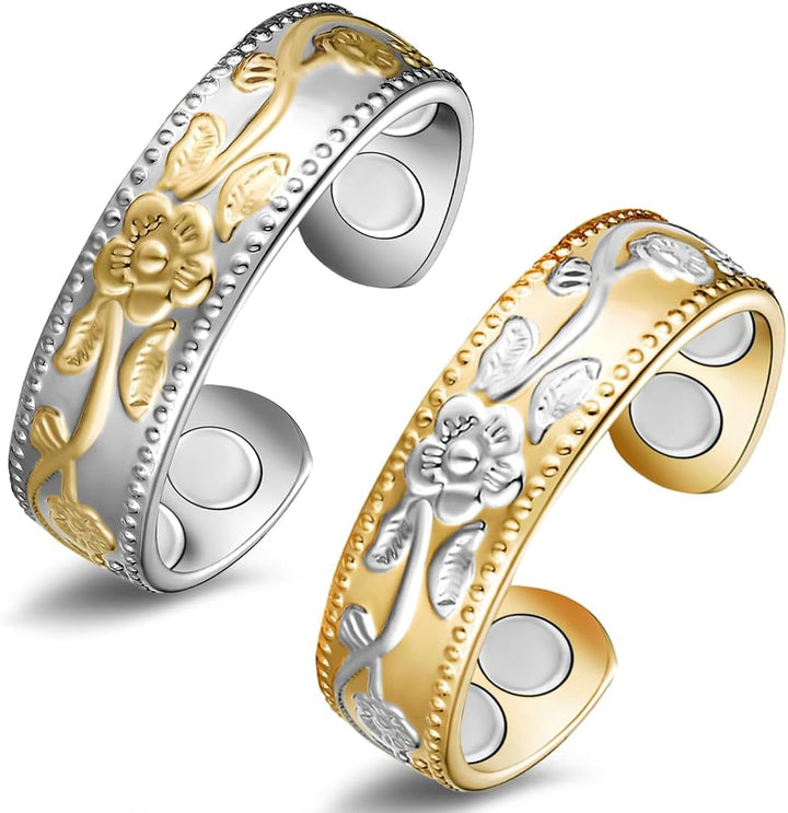 Lymphatic Drainage Magnetic Rings for Women - Copper Ring Finger Thumbs 7X Strength - Adjustable Solid Pure Copper with Present Box (Silver)