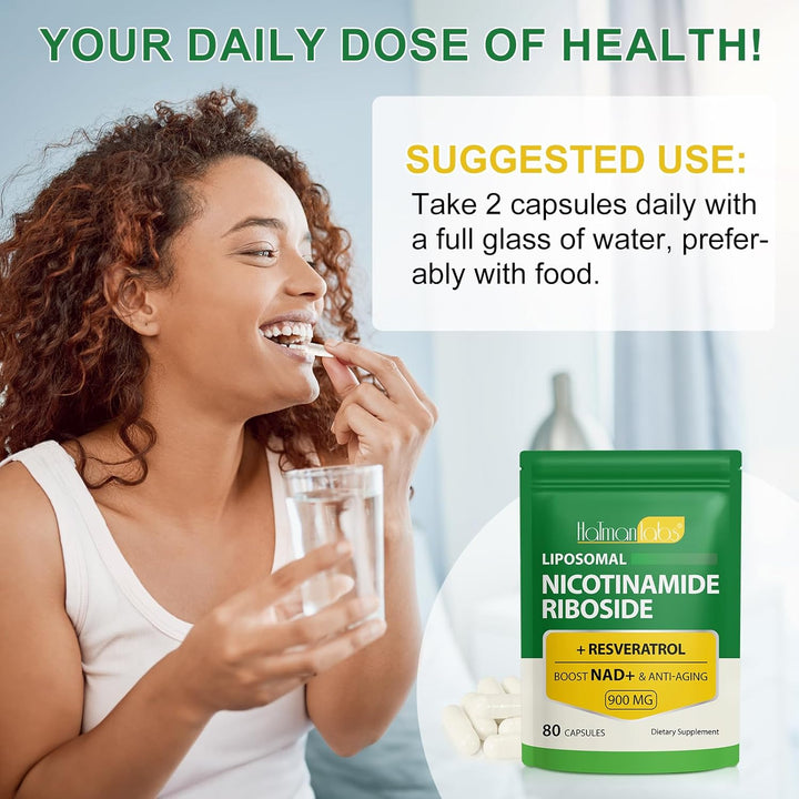 Liposomal NAD+ Supplement with Trans Resveratrol, NAD Nicotinamide Riboside Resveratrol 900Mg Supplement for Anti-Aging, Energy, Focus - Gluten-Free, Non-Gmo- 80 Capsules