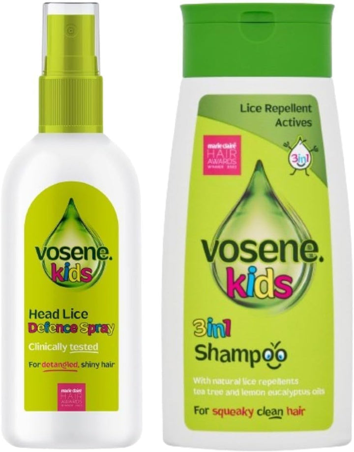 Vosene Kids Head Lice Repellent Treatment Bundle - Vosene Shampoo 3 in 1 250Ml & Conditioner Defence Spray 150Ml + 1 Nit Comb & 1 Hair Tie for Head Lice Treatment.