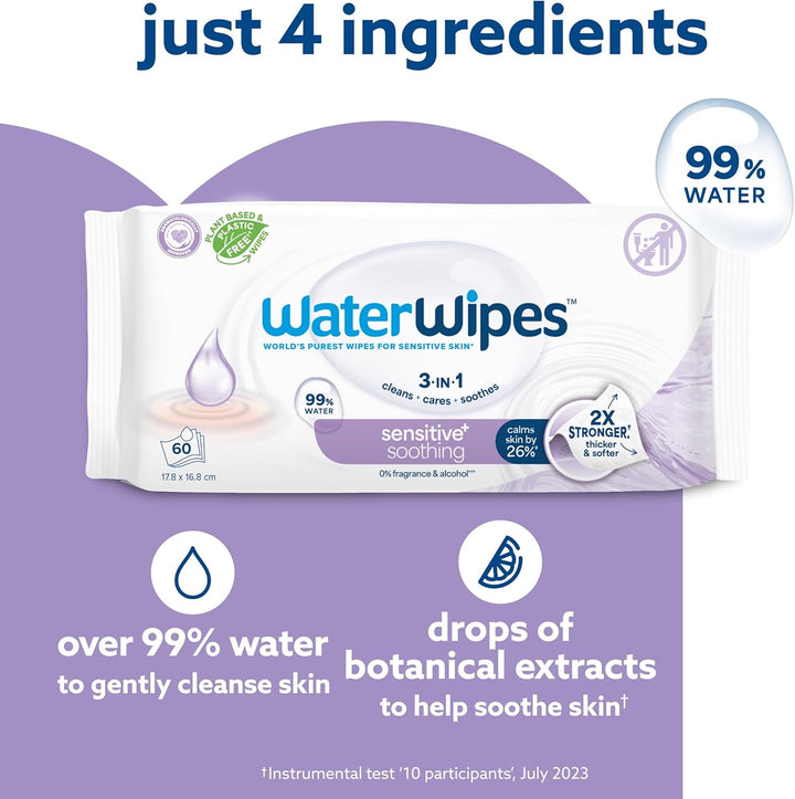 Sensitive+ Soothing Wipes, 360 Count (6 Packs), 3-In-1 Cleans, Cares, Soothes, 99% Water with Botanical Extract, Unscented Baby Wipes
