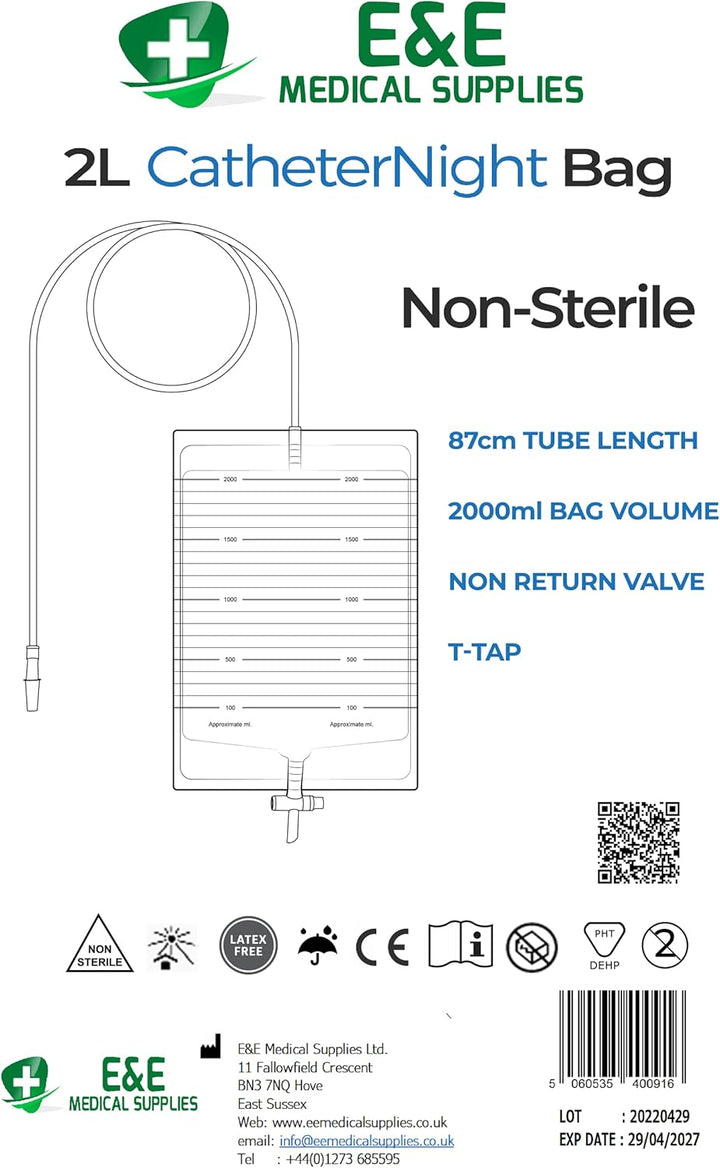 10Pcs Pack E&E 2000Ml Urine Drainage Bags – Non Sterile Bags with T-Tap Valve and 85Cm Tube Drainable Urinary Bags Non-Latex Drainage Bags (10 Count (Pack of 1))