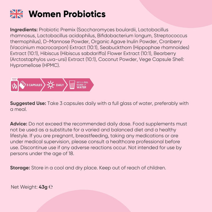 Women Probiotics Capsules - 30 Billion CFU - 90 Delayed Release Capsules - Added with D-Mannose, Cranberry, Hibiscus & Seabuckthorn Extracts - Vegan Intimate Probiotics for Women