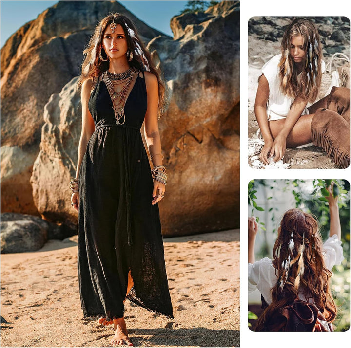 6Pcs Feather Hair Clips, Boho Extensions with Clip Comb, Hippie Accessories for Women, Indian Tassels Beads Feather Piece, Handmade Festival Headdress