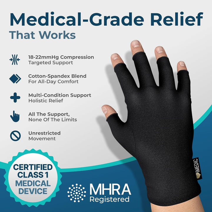 Arthritis Gloves for Men & Women - Class 1 Medical Device - MHRA Registered – Medium Fingerless Compression Gloves for Everyday Use – Relieve Arthritis Pain & Improve Mobility - Black