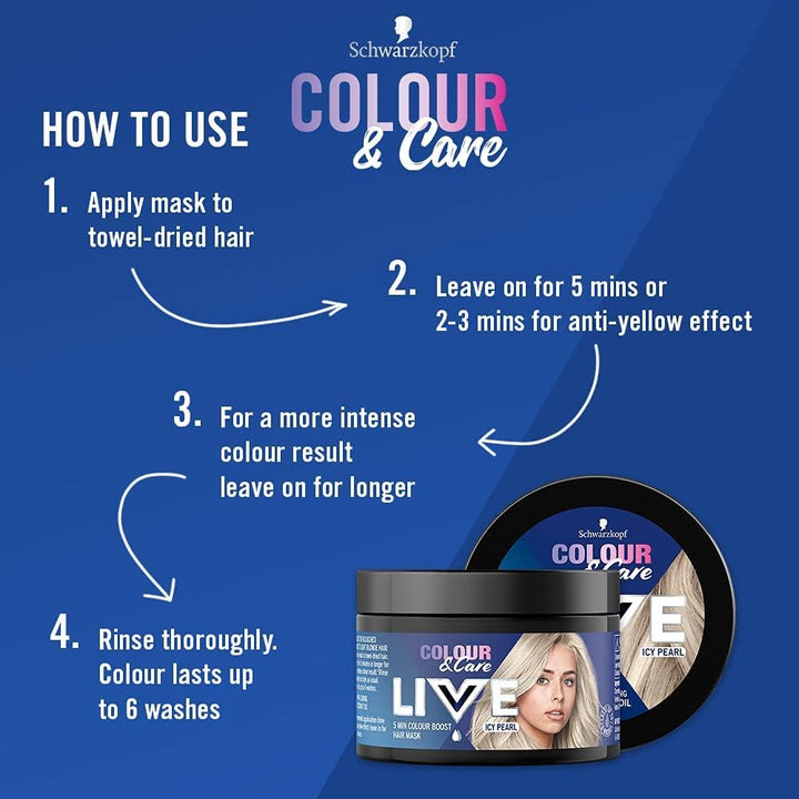 Schwarzkopf  Colour & Care Hair Mask, 5 Minute Wash Out Blonde Toning, Colour Boost, Semi-Permanent Silver Hair Dye, Lasts up to 6 Washes- Icy Pearl, 150Ml